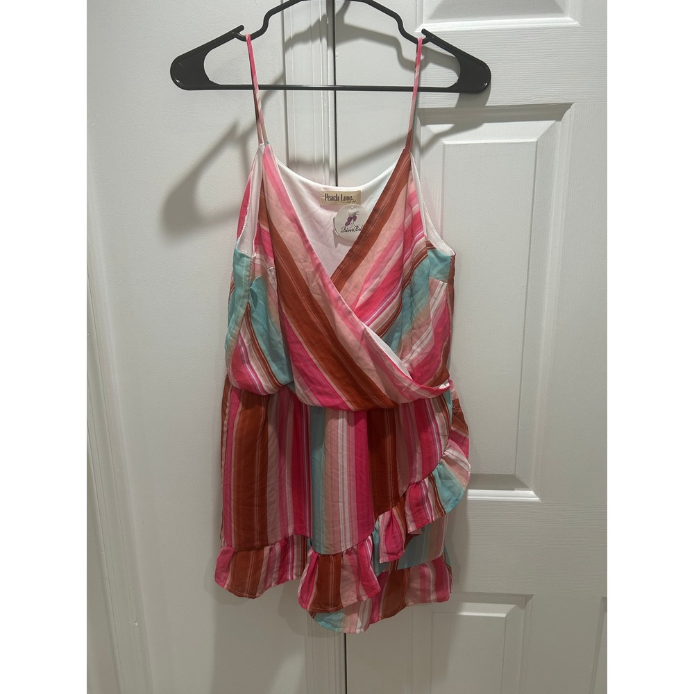 Peach Love California Women Pink Striped Surplice Ruffle Romper New With Tags